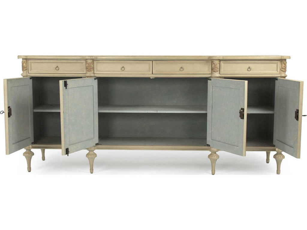 Astor 87 Inch Birch Wood Sideboard with Distressed Cream and Gold Leaf Finish