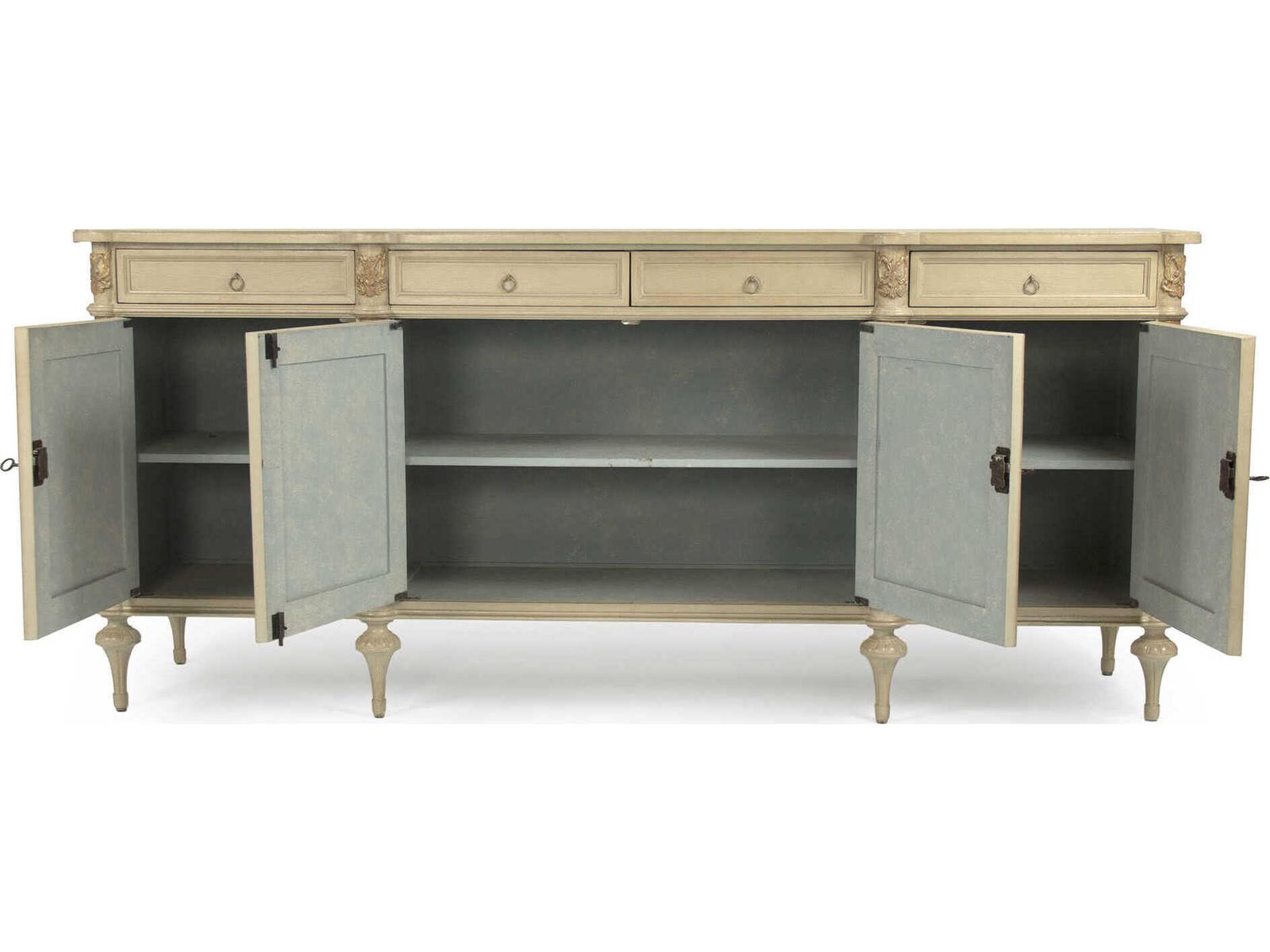 Astor 87 Inch Birch Wood Sideboard with Distressed Cream and Gold Leaf Finish