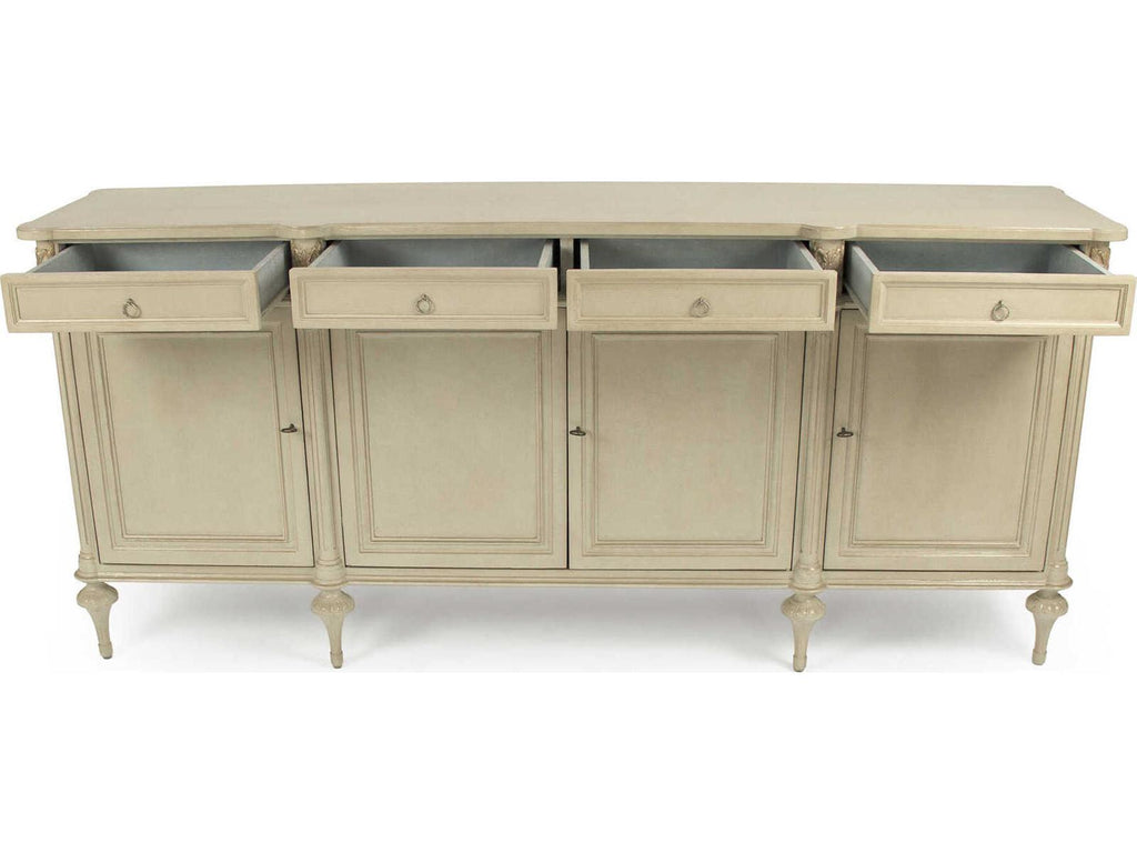 Astor 87 Inch Birch Wood Sideboard with Distressed Cream and Gold Leaf Finish