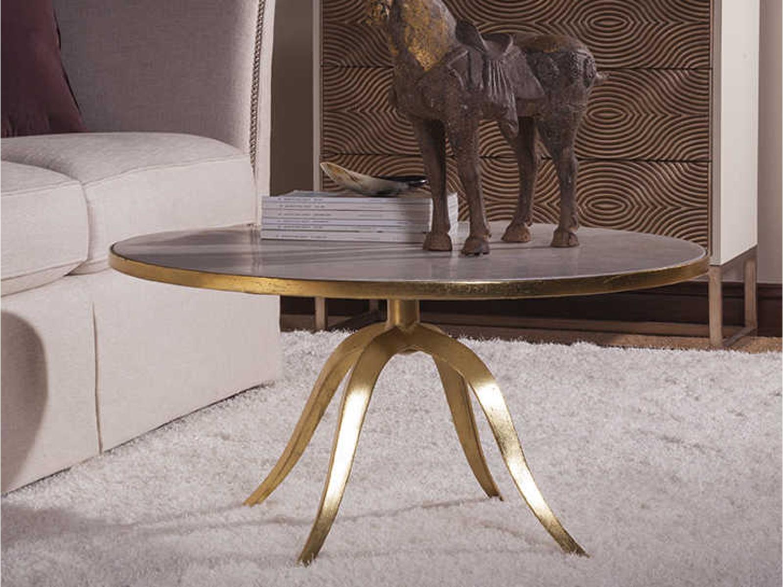 Home Crystal Stone Round Coffee Table in Gold Foil and White