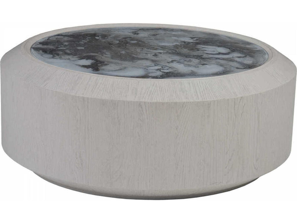 Metaphor Round Coffee Table in Sandblasted Wood with Eglomise Glass