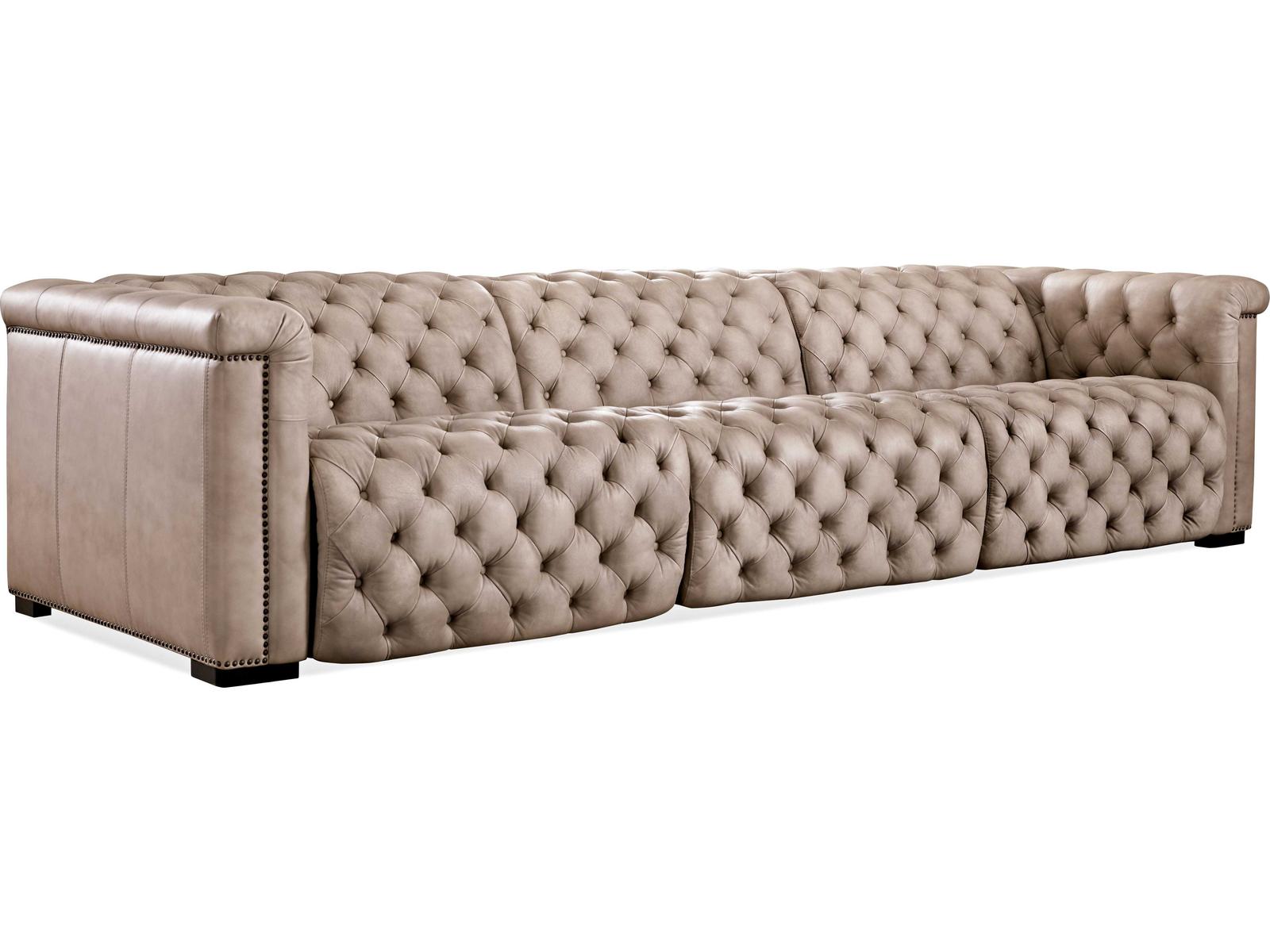 Heritage Grandier Power Recliner Tufted Giovanni Taupe Dark Wood Beige Leather Sofa with Headrest