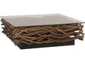 Vine Square Coffee Table with Glass Top and Natural Wood Base