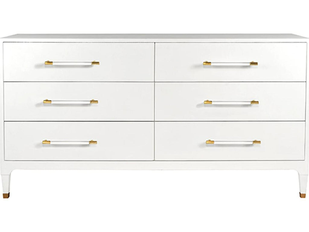 Maren 6-Drawer Dresser in Textured White Linen with Acrylic and Brass Hardware