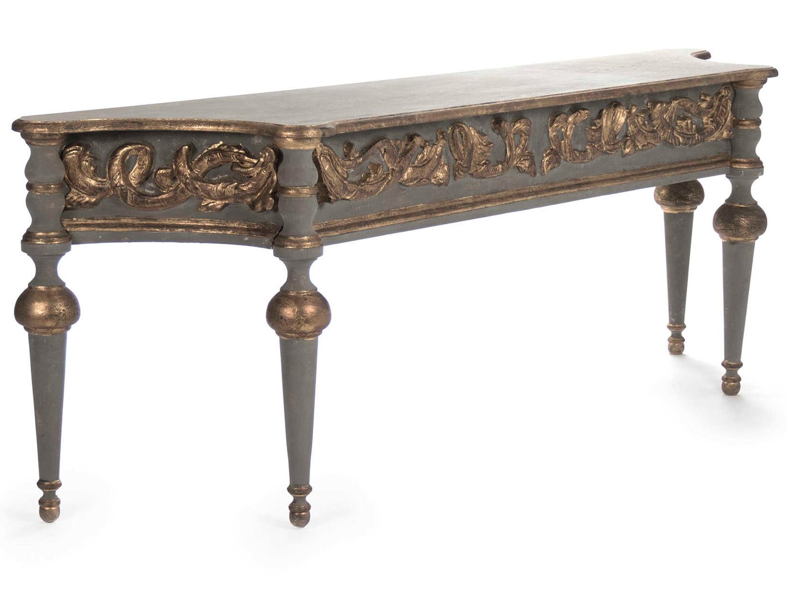 Adrian Adjustable Length Console Table Distressed Olive Grey with Gold Leaf Details